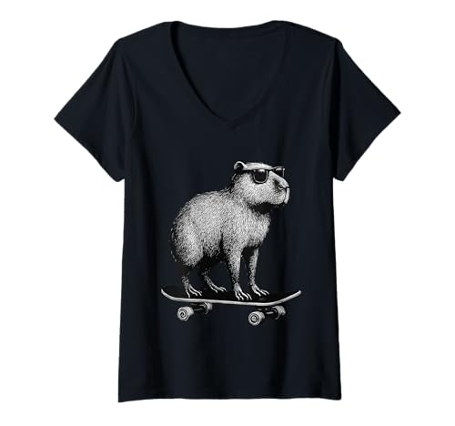 Damen Skateboarder Capybara mit Sonnenbrille Animal Skater Graphic T-Shirt mit V-Ausschnitt Damen Skateboarder Capybara mit Sonnenbrille Animal Skater Graphic T-Shirt mit V-Ausschnitt von Skateboarding Animal Urban Streetwear Clothing