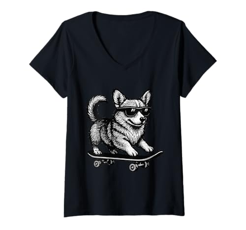 Damen Skateboarder Corgi mit Sonnenbrille Animal Skater Graphic T-Shirt mit V-Ausschnitt Damen Skateboarder Corgi mit Sonnenbrille Animal Skater Graphic T-Shirt mit V-Ausschnitt von Skateboarding Animal Urban Streetwear Clothing