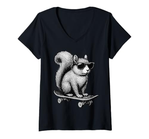 Damen Skateboarder Eichhörnchen mit Sonnenbrille Animal Skater Graphic T-Shirt mit V-Ausschnitt Damen Skateboarder Eichhörnchen mit Sonnenbrille Animal Skater Graphic T-Shirt mit V-Ausschnitt von Skateboarding Animal Urban Streetwear Clothing