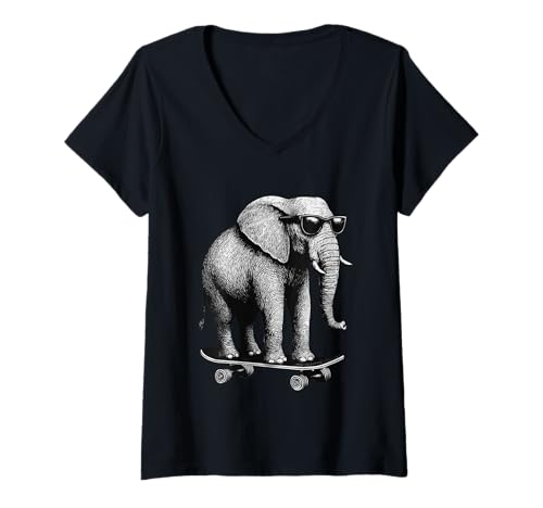 Damen Skateboarder Elefant mit Sonnenbrille Animal Skater Graphic T-Shirt mit V-Ausschnitt Damen Skateboarder Elefant mit Sonnenbrille Animal Skater Graphic T-Shirt mit V-Ausschnitt von Skateboarding Animal Urban Streetwear Clothing