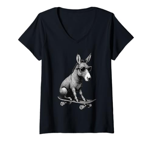 Damen Skateboarder Esel mit Sonnenbrille Animal Skater Graphic T-Shirt mit V-Ausschnitt Damen Skateboarder Esel mit Sonnenbrille Animal Skater Graphic T-Shirt mit V-Ausschnitt von Skateboarding Animal Urban Streetwear Clothing