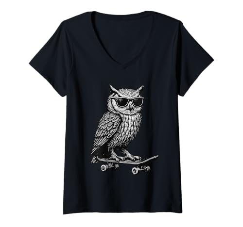 Damen Skateboarder Eule trägt Sonnenbrille Animal Skater Graphic T-Shirt mit V-Ausschnitt Damen Skateboarder Eule trägt Sonnenbrille Animal Skater Graphic T-Shirt mit V-Ausschnitt von Skateboarding Animal Urban Streetwear Clothing
