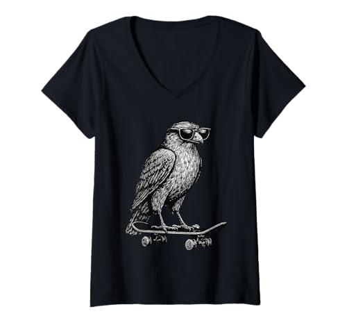 Damen Skateboarder Hawk trägt Sonnenbrille Animal Skater Graphic T-Shirt mit V-Ausschnitt Damen Skateboarder Hawk trägt Sonnenbrille Animal Skater Graphic T-Shirt mit V-Ausschnitt von Skateboarding Animal Urban Streetwear Clothing