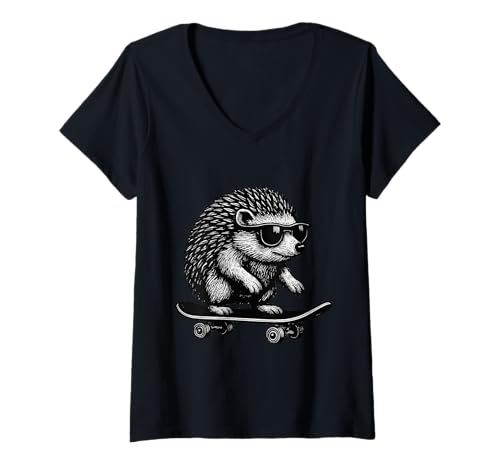 Damen Skateboarder Igel mit Sonnenbrille Animal Skater Graphic T-Shirt mit V-Ausschnitt Damen Skateboarder Igel mit Sonnenbrille Animal Skater Graphic T-Shirt mit V-Ausschnitt von Skateboarding Animal Urban Streetwear Clothing