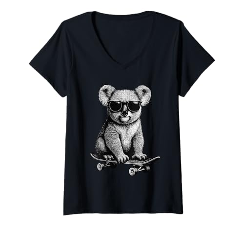 Damen Skateboarder Koala trägt Sonnenbrille Animal Skater Graphic T-Shirt mit V-Ausschnitt Damen Skateboarder Koala trägt Sonnenbrille Animal Skater Graphic T-Shirt mit V-Ausschnitt von Skateboarding Animal Urban Streetwear Clothing