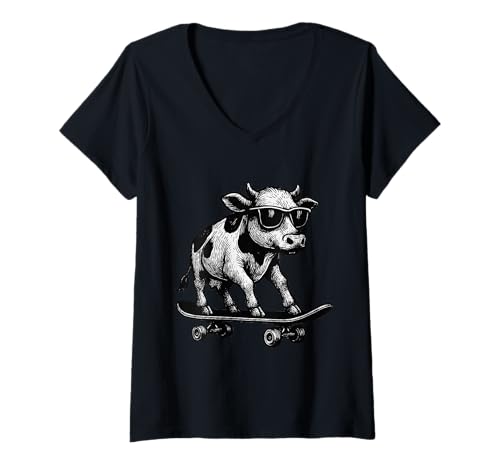 Damen Skateboarder Kuh trägt Sonnenbrille Animal Skater Graphic T-Shirt mit V-Ausschnitt Damen Skateboarder Kuh trägt Sonnenbrille Animal Skater Graphic T-Shirt mit V-Ausschnitt von Skateboarding Animal Urban Streetwear Clothing