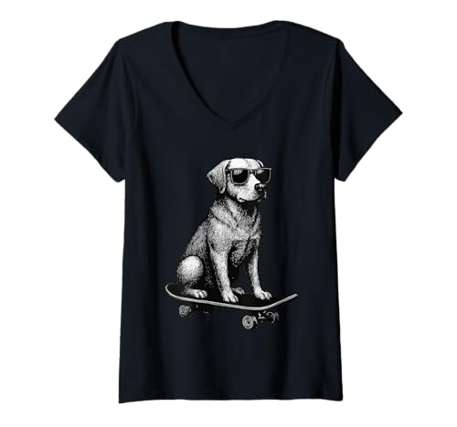 Damen Skateboarder Labrador mit Sonnenbrille Animal Skater Graphic T-Shirt mit V-Ausschnitt Damen Skateboarder Labrador mit Sonnenbrille Animal Skater Graphic T-Shirt mit V-Ausschnitt von Skateboarding Animal Urban Streetwear Clothing