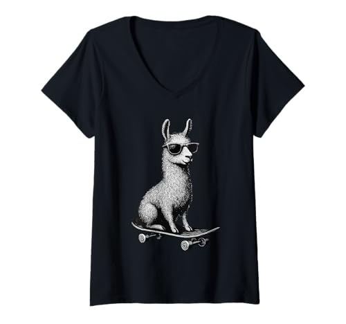 Damen Skateboarder Lama trägt Sonnenbrille Animal Skater Graphic T-Shirt mit V-Ausschnitt Damen Skateboarder Lama trägt Sonnenbrille Animal Skater Graphic T-Shirt mit V-Ausschnitt von Skateboarding Animal Urban Streetwear Clothing