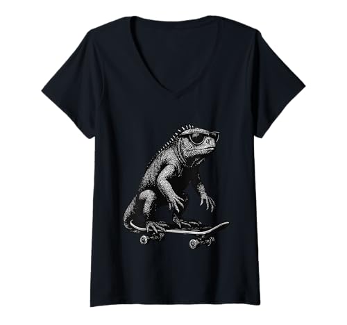 Damen Skateboarder Leguan mit Sonnenbrille Animal Skater Graphic T-Shirt mit V-Ausschnitt Damen Skateboarder Leguan mit Sonnenbrille Animal Skater Graphic T-Shirt mit V-Ausschnitt von Skateboarding Animal Urban Streetwear Clothing