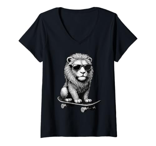 Damen Skateboarder Löwe trägt Sonnenbrille Animal Skater Graphic T-Shirt mit V-Ausschnitt Damen Skateboarder Löwe trägt Sonnenbrille Animal Skater Graphic T-Shirt mit V-Ausschnitt von Skateboarding Animal Urban Streetwear Clothing