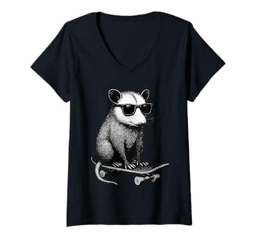 Damen Skateboarder Opossum mit Sonnenbrille Animal Skater Graphic T-Shirt mit V-Ausschnitt Damen Skateboarder Opossum mit Sonnenbrille Animal Skater Graphic T-Shirt mit V-Ausschnitt von Skateboarding Animal Urban Streetwear Clothing