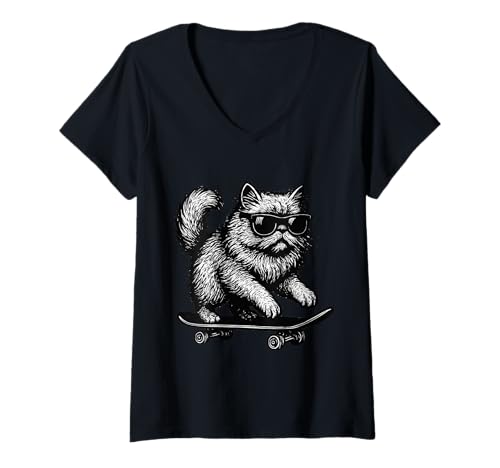 Damen Skateboarder Persische Katze Sonnenbrille Animal Skater Graphic T-Shirt mit V-Ausschnitt Damen Skateboarder Persische Katze Sonnenbrille Animal Skater Graphic T-Shirt mit V-Ausschnitt von Skateboarding Animal Urban Streetwear Clothing