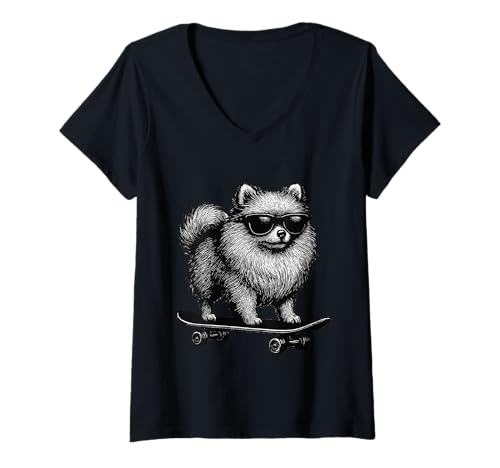 Damen Skateboarder Pomeranian Sonnenbrille Animal Skater Graphic T-Shirt mit V-Ausschnitt Damen Skateboarder Pomeranian Sonnenbrille Animal Skater Graphic T-Shirt mit V-Ausschnitt von Skateboarding Animal Urban Streetwear Clothing
