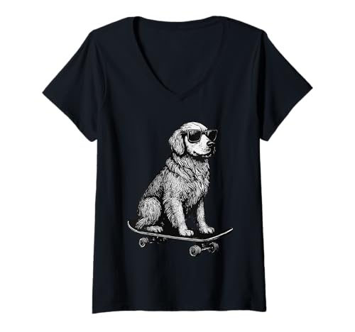Damen Skateboarder Retriever mit Sonnenbrille Animal Skater Graphic T-Shirt mit V-Ausschnitt Damen Skateboarder Retriever mit Sonnenbrille Animal Skater Graphic T-Shirt mit V-Ausschnitt von Skateboarding Animal Urban Streetwear Clothing