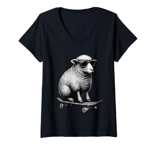 Damen Skateboarder Schaf mit Sonnenbrille Animal Skater Graphic T-Shirt mit V-Ausschnitt Damen Skateboarder Schaf mit Sonnenbrille Animal Skater Graphic T-Shirt mit V-Ausschnitt von Skateboarding Animal Urban Streetwear Clothing