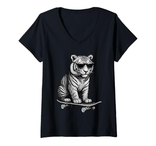 Damen Skateboarder Tiger trägt Sonnenbrille Animal Skater Graphic T-Shirt mit V-Ausschnitt Damen Skateboarder Tiger trägt Sonnenbrille Animal Skater Graphic T-Shirt mit V-Ausschnitt von Skateboarding Animal Urban Streetwear Clothing