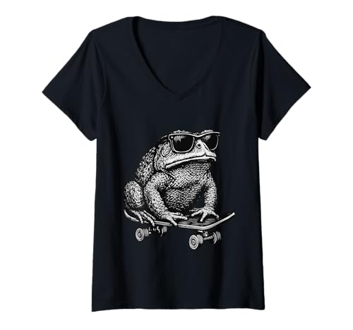 Damen Skateboarder Toad trägt Sonnenbrille Animal Skater Graphic T-Shirt mit V-Ausschnitt Damen Skateboarder Toad trägt Sonnenbrille Animal Skater Graphic T-Shirt mit V-Ausschnitt von Skateboarding Animal Urban Streetwear Clothing