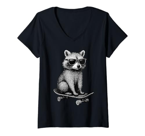 Damen Skateboarder Waschbär mit Sonnenbrille Animal Skater Graphic T-Shirt mit V-Ausschnitt Damen Skateboarder Waschbär mit Sonnenbrille Animal Skater Graphic T-Shirt mit V-Ausschnitt von Skateboarding Animal Urban Streetwear Clothing