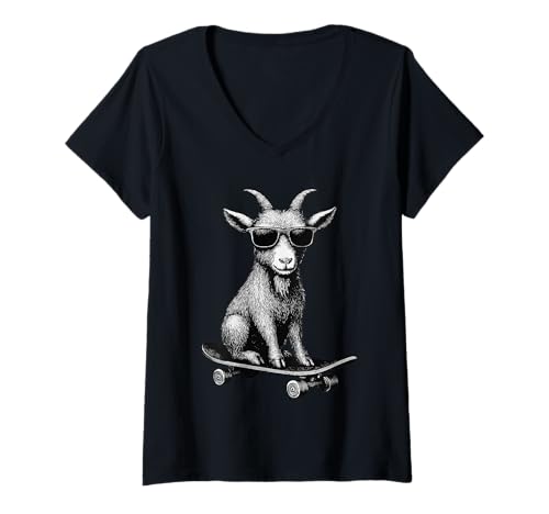 Damen Skateboarder Ziege trägt Sonnenbrille Animal Skater Graphic T-Shirt mit V-Ausschnitt Damen Skateboarder Ziege trägt Sonnenbrille Animal Skater Graphic T-Shirt mit V-Ausschnitt von Skateboarding Animal Urban Streetwear Clothing