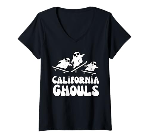 Damen Skateboard Ghost Halloween California Ghouls Skater T-Shirt mit V-Ausschnitt Damen Skateboard Ghost Halloween California Ghouls Skater T-Shirt mit V-Ausschnitt von Skateboarding Californian Ghouls Halloween Designs