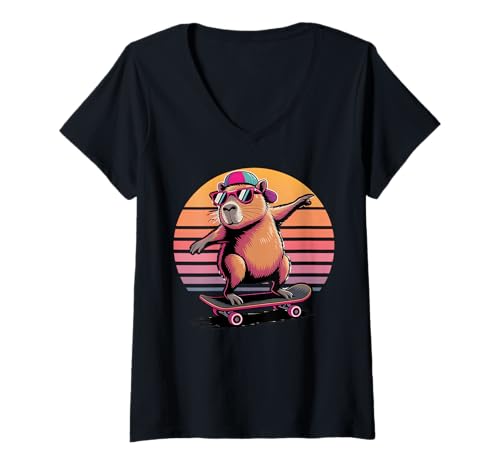 Damen Skateboard Capybara Skater Jungen Herren Fun Capy Lover Retro T-Shirt mit V-Ausschnitt Damen Skateboard Capybara Skater Jungen Herren Fun Capy Lover Retro T-Shirt mit V-Ausschnitt von Skateboarding Capybara Skateboard Toddler Capybara