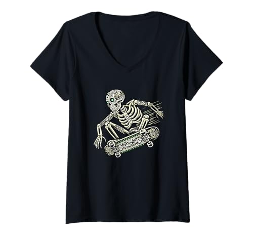 Damen Halloween Mandala Kunst Skelett Skateboarder Skateboard T-Shirt mit V-Ausschnitt Damen Halloween Mandala Kunst Skelett Skateboarder Skateboard T-Shirt mit V-Ausschnitt von Skateboarding Gift For A Skateboarder