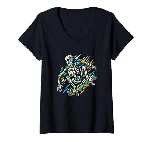 Damen Halloween Polygon Kunst Skelett Skateboarder Skateboard T-Shirt mit V-Ausschnitt Damen Halloween Polygon Kunst Skelett Skateboarder Skateboard T-Shirt mit V-Ausschnitt von Skateboarding Gift For A Skateboarder
