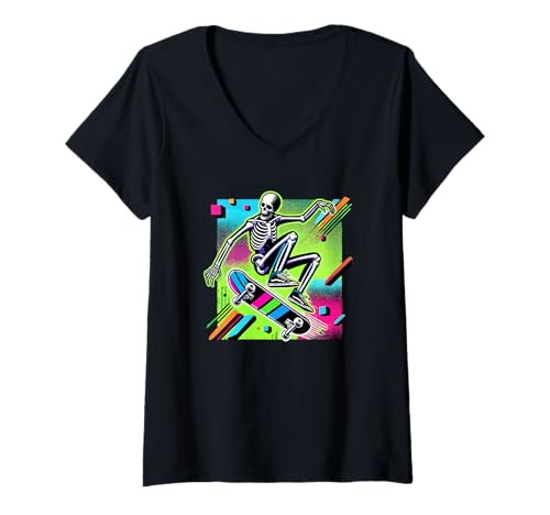 Damen Halloween Pop Kunst Skelett Skateboarder Skateboard T-Shirt mit V-Ausschnitt Damen Halloween Pop Kunst Skelett Skateboarder Skateboard T-Shirt mit V-Ausschnitt von Skateboarding Gift For A Skateboarder