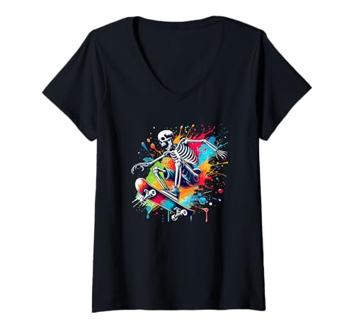 Damen Halloween Splash Kunst Skelett Skateboarder Skateboard T-Shirt mit V-Ausschnitt Damen Halloween Splash Kunst Skelett Skateboarder Skateboard T-Shirt mit V-Ausschnitt von Skateboarding Gift For A Skateboarder