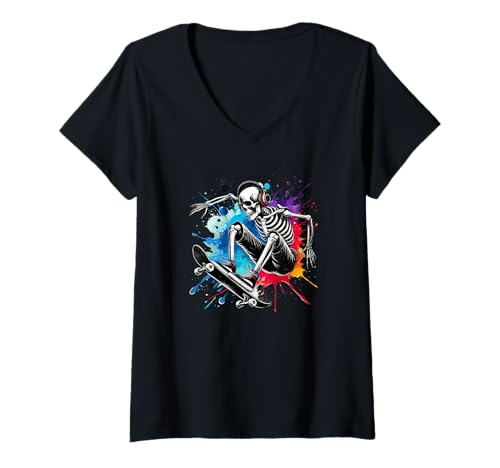 Damen Halloween Splash Kunst Skelett Skateboarder Skateboard T-Shirt mit V-Ausschnitt Damen Halloween Splash Kunst Skelett Skateboarder Skateboard T-Shirt mit V-Ausschnitt von Skateboarding Gift For A Skateboarder