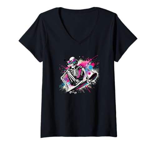 Damen Halloween Splash Kunst Skelett Skateboarder Skateboard T-Shirt mit V-Ausschnitt Damen Halloween Splash Kunst Skelett Skateboarder Skateboard T-Shirt mit V-Ausschnitt von Skateboarding Gift For A Skateboarder