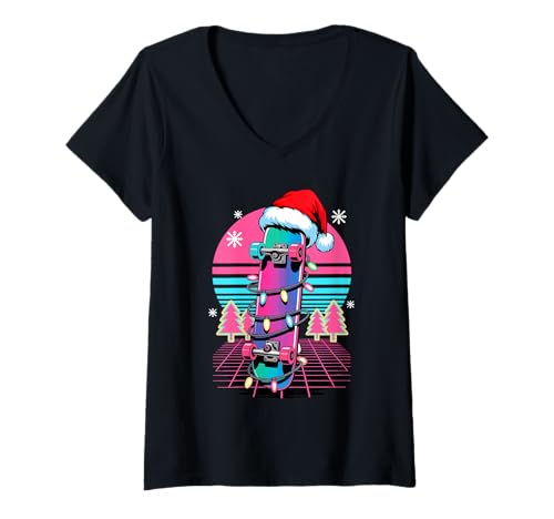 Damen Weihnachten Synthwave Skateboard Skateboarder Skateboarding T-Shirt mit V-Ausschnitt Damen Weihnachten Synthwave Skateboard Skateboarder Skateboarding T-Shirt mit V-Ausschnitt von Skateboarding Gift For A Skateboarder