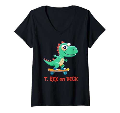 Damen Dinosaurier Party T-Rex on Deck Skateboarding T-Shirt mit V-Ausschnitt von Skateboarding Gifts