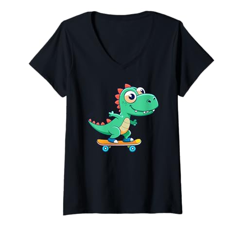 Damen Dinosaurier geht Skateboarding T-Shirt mit V-Ausschnitt von Skateboarding Gifts