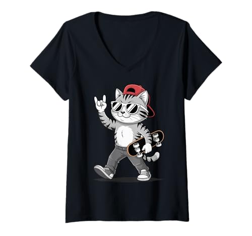Damen Lustige Cat-Rock-Handskateboard-Grafik für Skateboard-Liebhaber T-Shirt mit V-Ausschnitt Damen Lustige Cat-Rock-Handskateboard-Grafik für Skateboard-Liebhaber T-Shirt mit V-Ausschnitt von Skateboarding Rock Cat Graphic