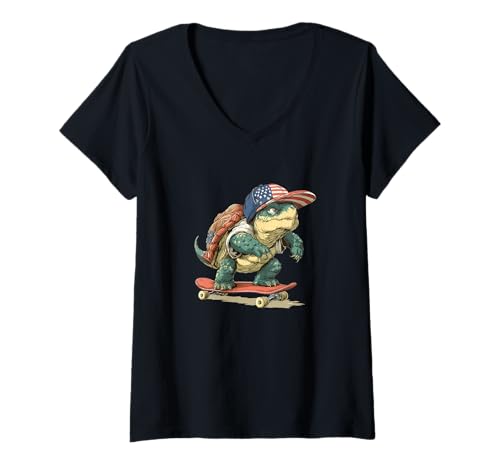Damen USA Turtle Skateboard-Grafikkostüm T-Shirt mit V-Ausschnitt von Skateboarding Turtle
