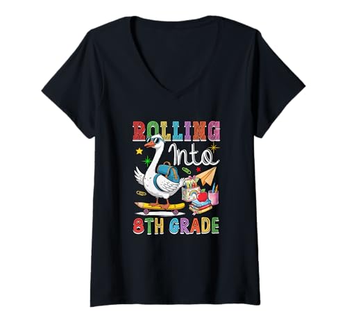 Damen Ab in die 8. Klasse: Ab in die Schule, mit Gänseschlitten T-Shirt mit V-Ausschnitt Damen Ab in die 8. Klasse: Ab in die Schule, mit Gänseschlitten T-Shirt mit V-Ausschnitt von Skater Back To School Costume