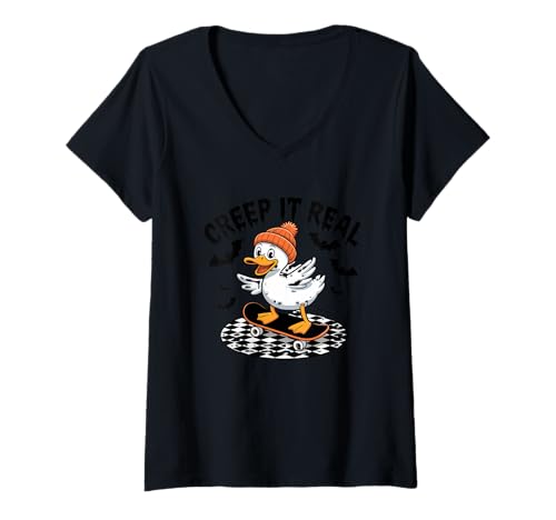 Damen Skateboard „Skater at Heart“, niedliches Entenmotiv T-Shirt mit V-Ausschnitt von Skater Duck Fun Animal Skateboard