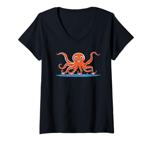 Damen Silly Octopus Skates, Humor T-Shirt mit V-Ausschnitt Damen Silly Octopus Skates, Humor T-Shirt mit V-Ausschnitt von Skating Octopus, Funny Sea Animals
