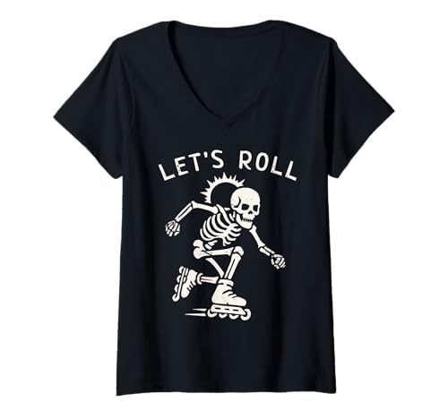 Damen Inlineskating-Shirt Skeleton Rollerblading Let's Roll T-Shirt mit V-Ausschnitt Damen Inlineskating-Shirt Skeleton Rollerblading Let's Roll T-Shirt mit V-Ausschnitt von Skating Skeleton Halloween Shirts...
