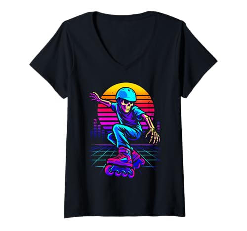 Damen Inlineskating Shirt Skeleton Skater Funny Roller 80er 90er T-Shirt mit V-Ausschnitt Damen Inlineskating Shirt Skeleton Skater Funny Roller 80er 90er T-Shirt mit V-Ausschnitt von Skating Skeleton Vaporwave Tees...