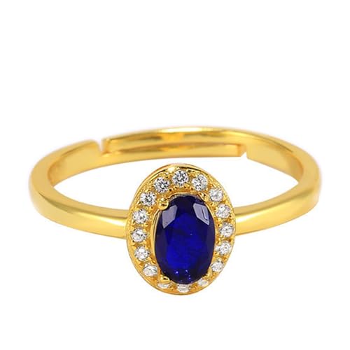 14K Gelbgold Ring Damen Blau Künstlicher Saphir 4x6mm, Eleganter Offener Vintage-Ring, Verstellbar Ehering Moissanit Größe 60 (19.1) von Skcess