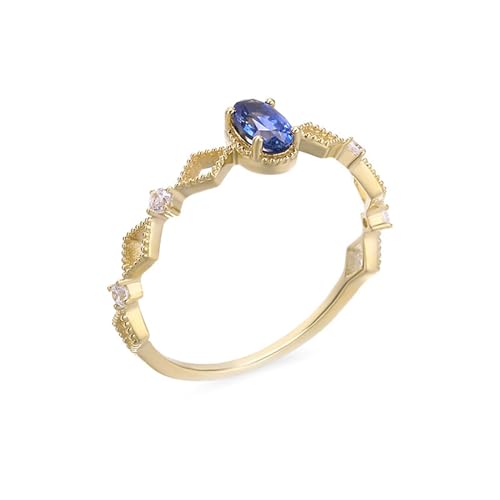 18 Karat Gelbgold Ringe Damen Blau Saphir Oval, Zierlicher Ring Hohler Ovaler Rhombus-Saphir mit Moissanit Ring Damen Größe 66 (21.0) von Skcess