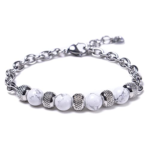 Armbänder Damen Edelstahl Magnesit, Bracelet Damen Silber Kette mit Runder Kugel Armband Herren Perlen 21CMx8MM von Skcess