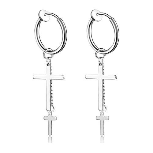 Creolen Edelstahl Damen Silber, Ohrringe Hängend Vintage Kette Quaste und Kreuz Clip Herren Ohrringe Cool 56X12MM von Skcess