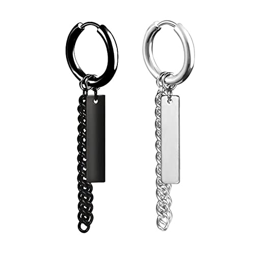Creolen Edelstahl Silber Schwarz, Ohrringe Vintage Hängend Kette Quaste und Bar Endless Herren Ohrringe Cool 56X12MM von Skcess