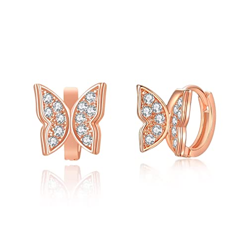 Damen Ohrringe, Creolen Rosegold Schmetterling mit Zirkon Hidden-Snap-Posts Ohrringe Jugendliche von Skcess