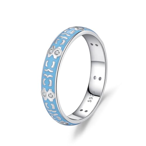 Damenring 925 Sterlingsilber, Ring Women Weiß Zirkonia Ring Blaues Tropfband mit Geometrischem Muster Silber Blau Größe 60 (19.1) von Skcess