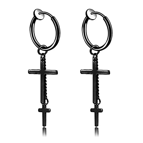 Edelstahl Creolen Herren Schwarz, Ohrringe Hängend Damen Kette Quaste und Kreuz Clip Hypoallergene Ohrringe 56X12MM von Skcess