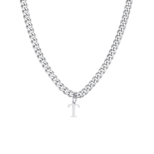 Herren Halskette Silber, Edelstahl Halskette Herren Halskette Mit Buchstaben-Anhänger T Halsketten Mit Anhänger Herren Schmuck Geschenke von Skcess